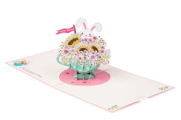Rabbit in Cup of Flowers Pop Up Birthday Card